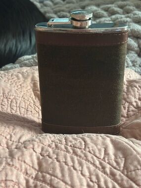 Classic Brown Faux Leather Stainless Steel Flask with Brown Trim, 8oz.